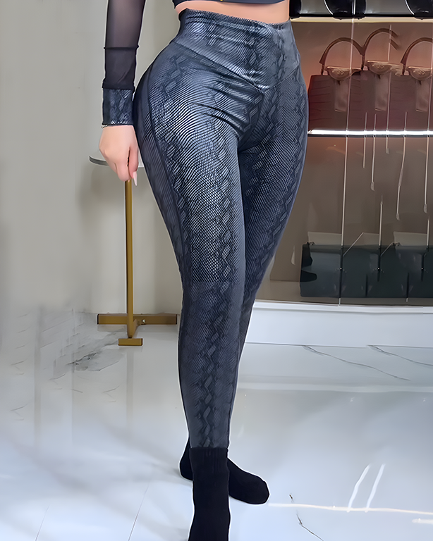 High Waist Printed Faux Leather Yoga Pants