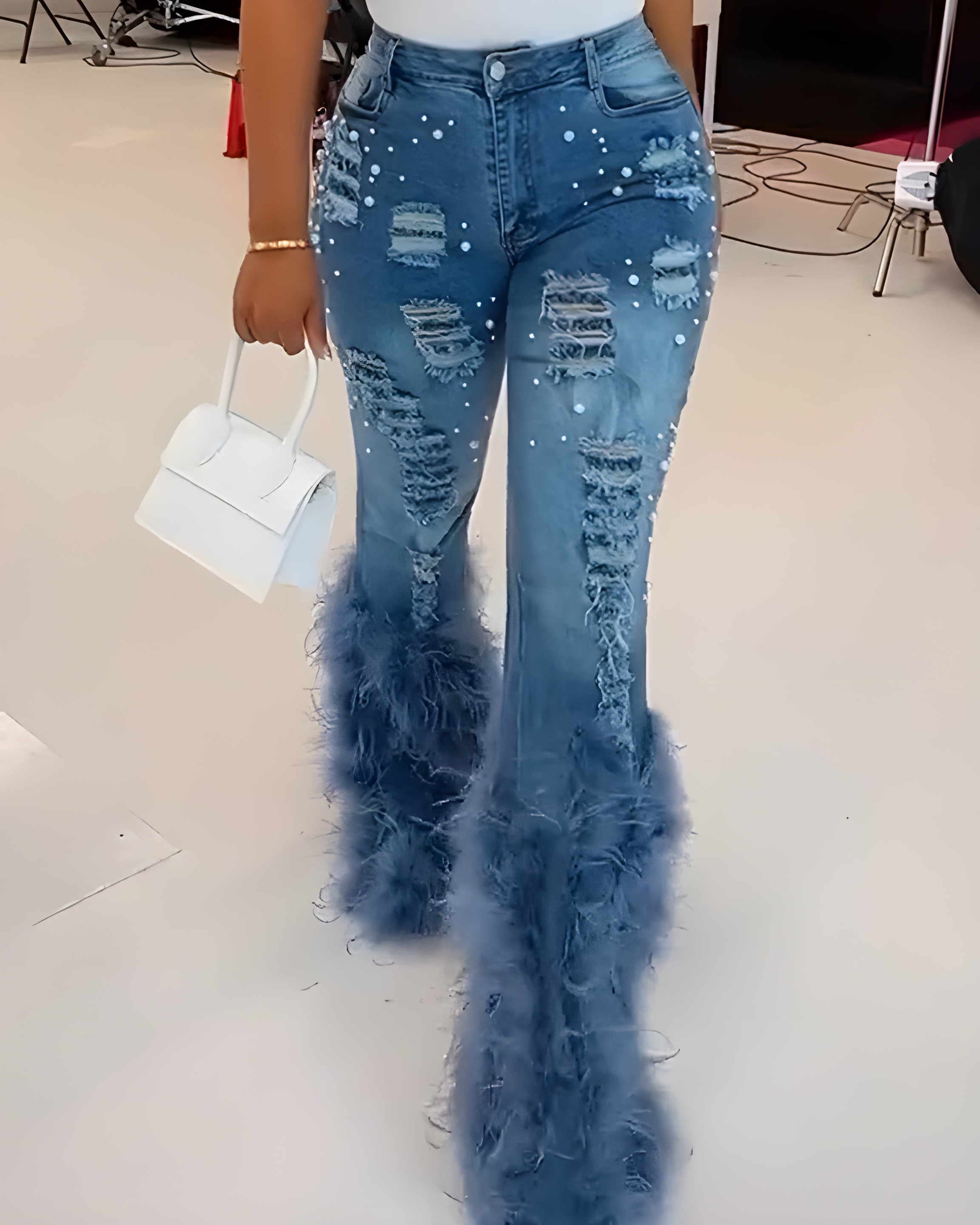 High Waisted Feather Denim Flared Pants