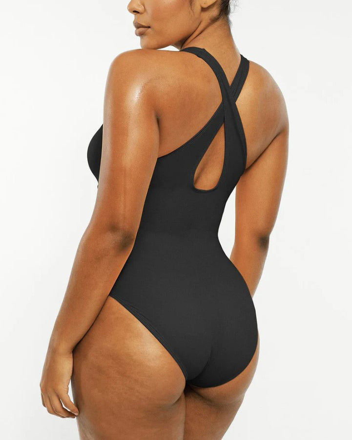 Deep V Neck Tie Front Shapewear Bodysuit