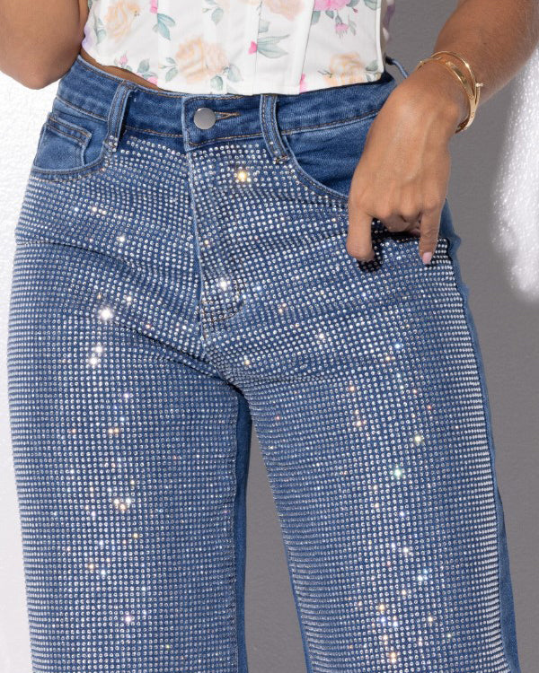 Pantalones de pierna ancha ajustados con diamantes de imitación