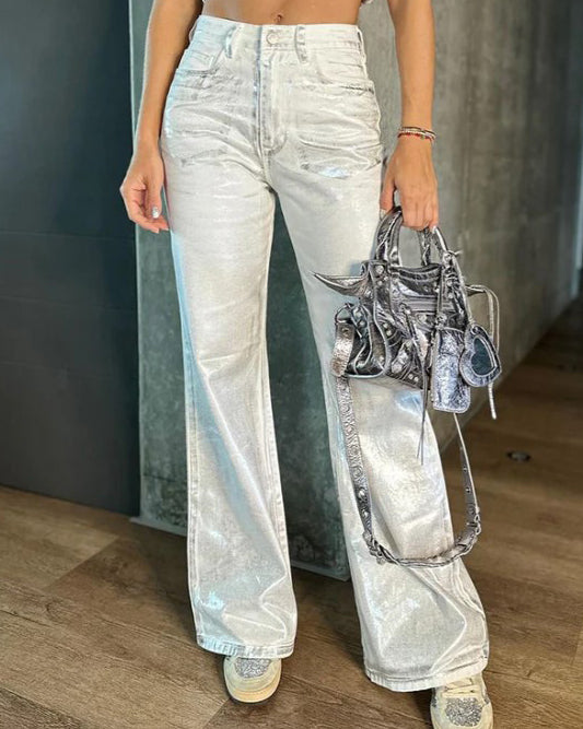 Mid-Rise Metallic Slim-Fit Jeans