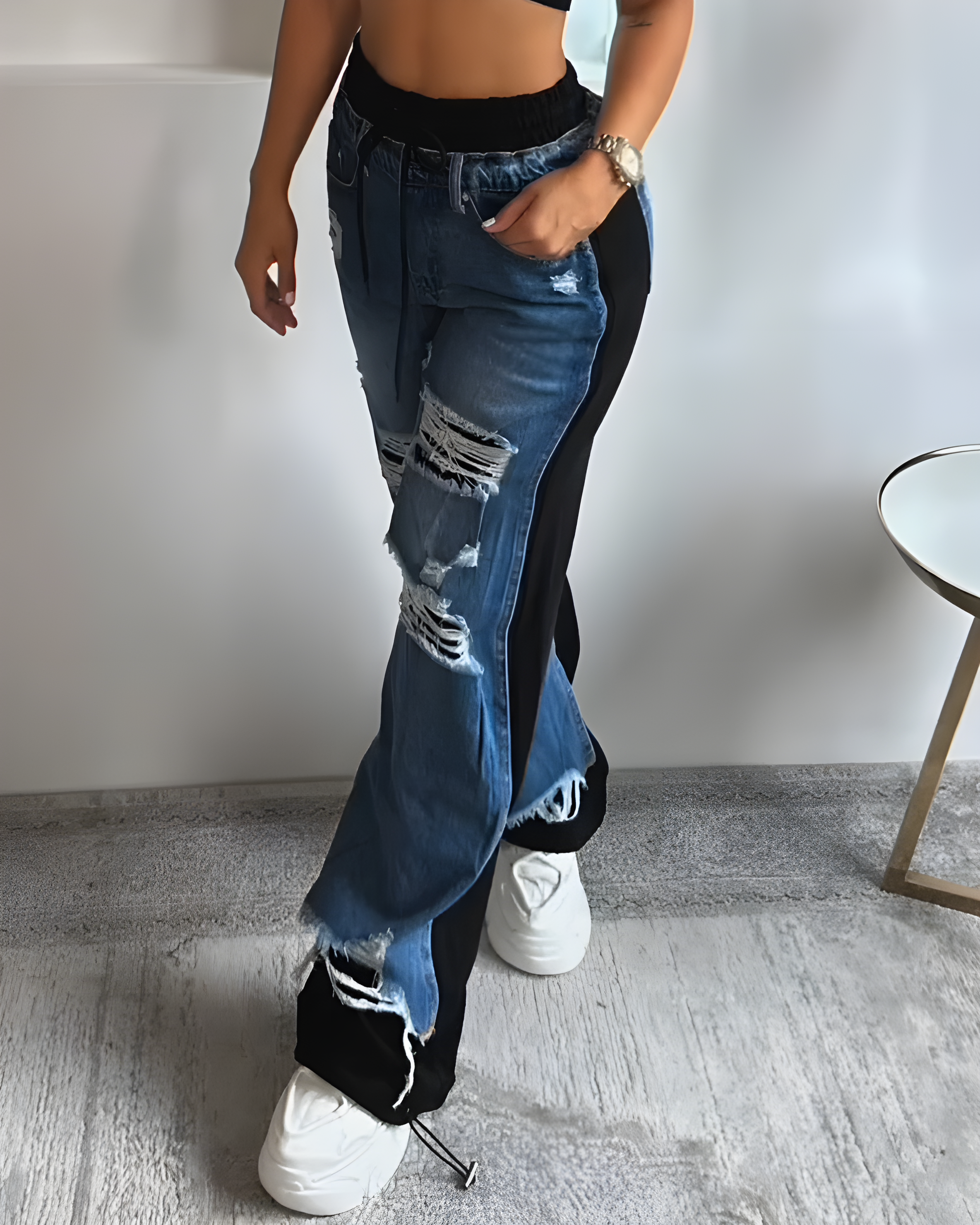 Ripped Panel Wide-Leg Pants