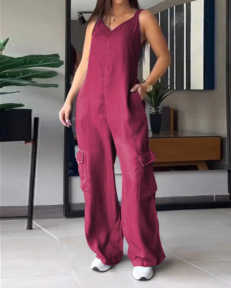 Loose Casual Pocket V-Neck Jumpsuit