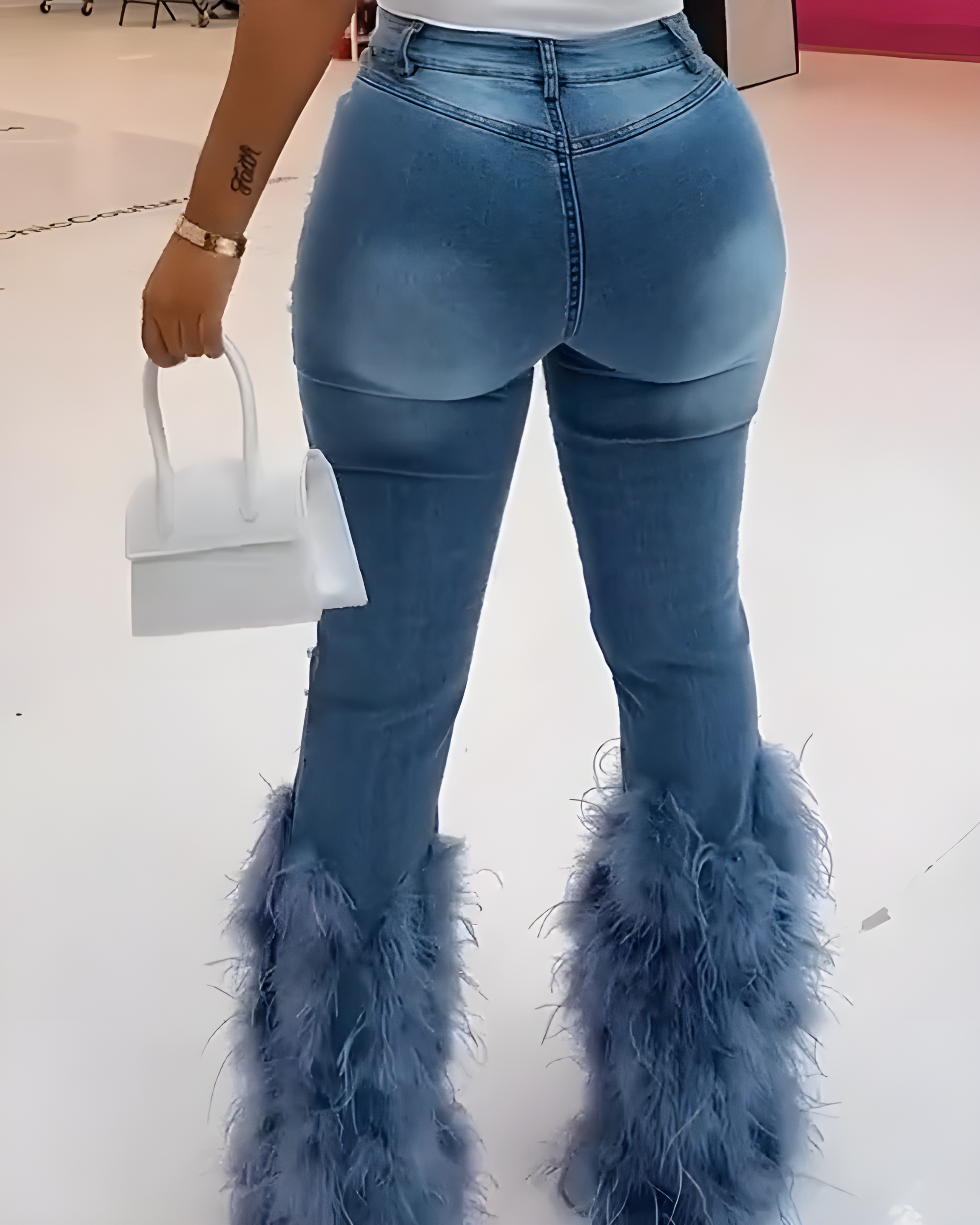 High Waisted Feather Denim Flared Pants