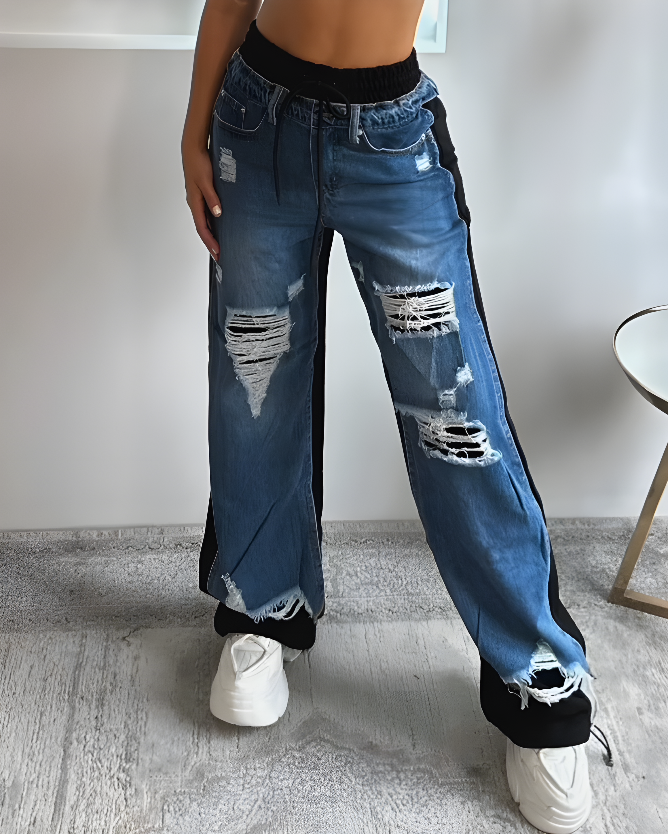 Ripped Panel Wide-Leg Pants