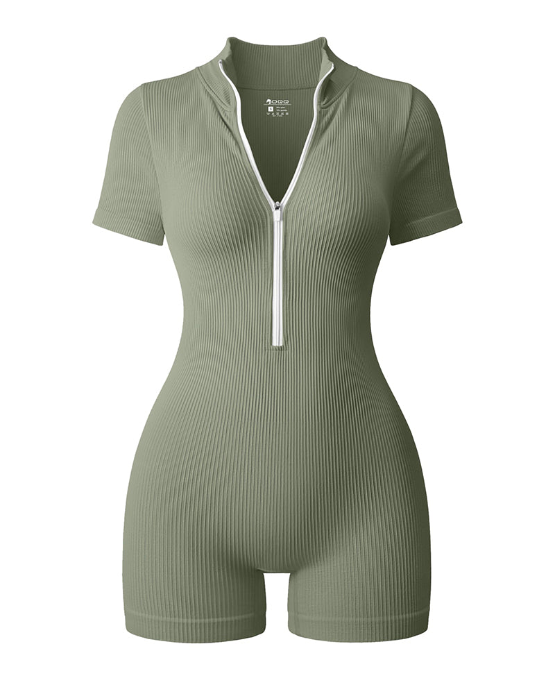Ribbed Short Sleeve Zip Front Stretch Tummy Control Yoga Workout Rompers