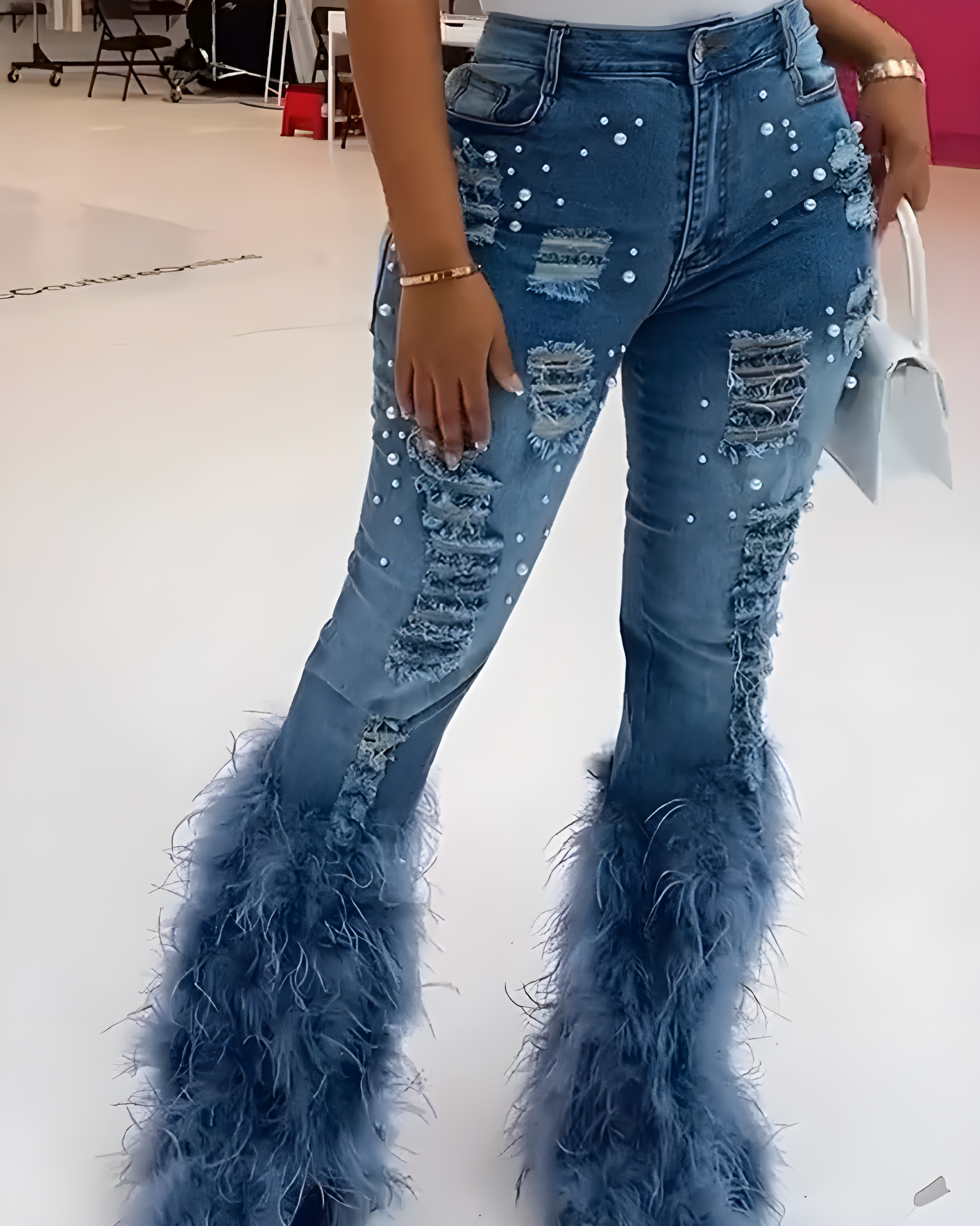 High Waisted Feather Denim Flared Pants