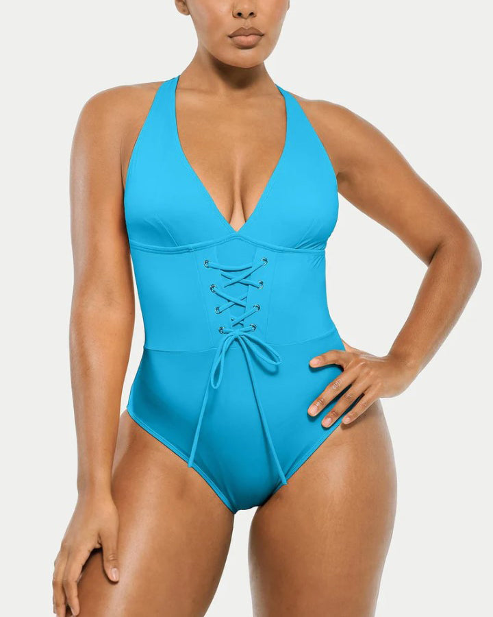 Deep V Neck Tie Front Shapewear Bodysuit