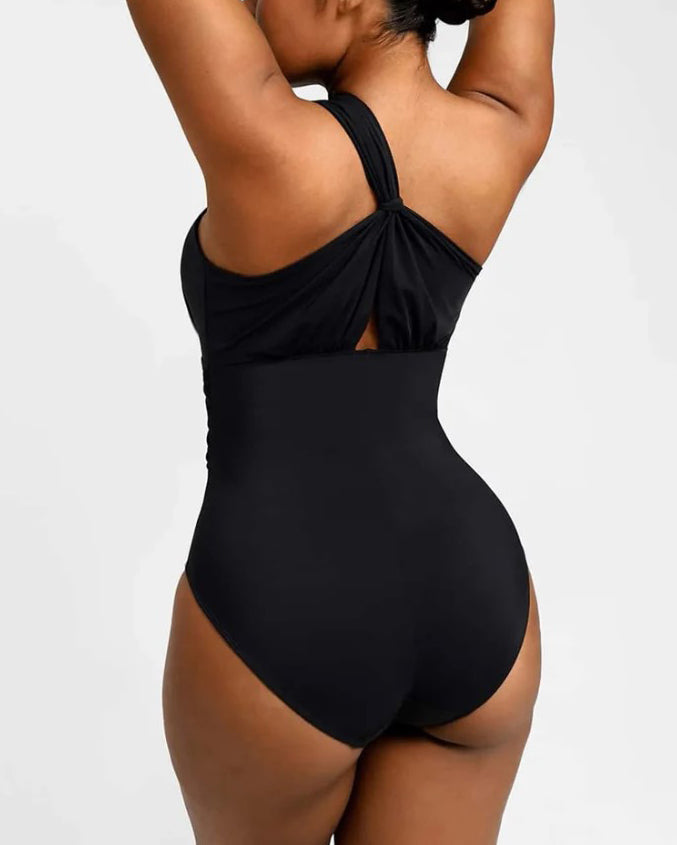 Deep V Neck Ruched Shapewear Thong Bodysuit