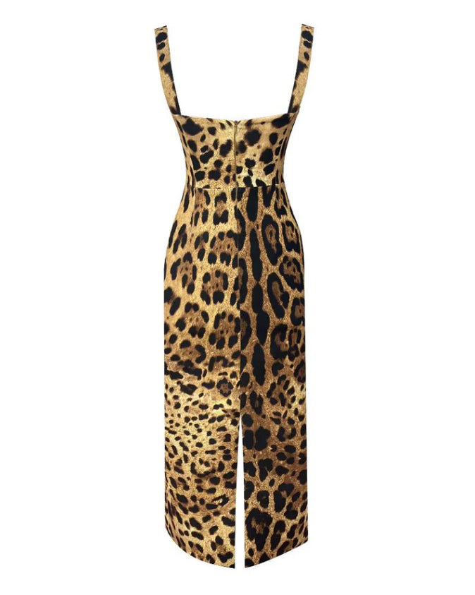 Leopard Print Slit Midi Bodycon Dress