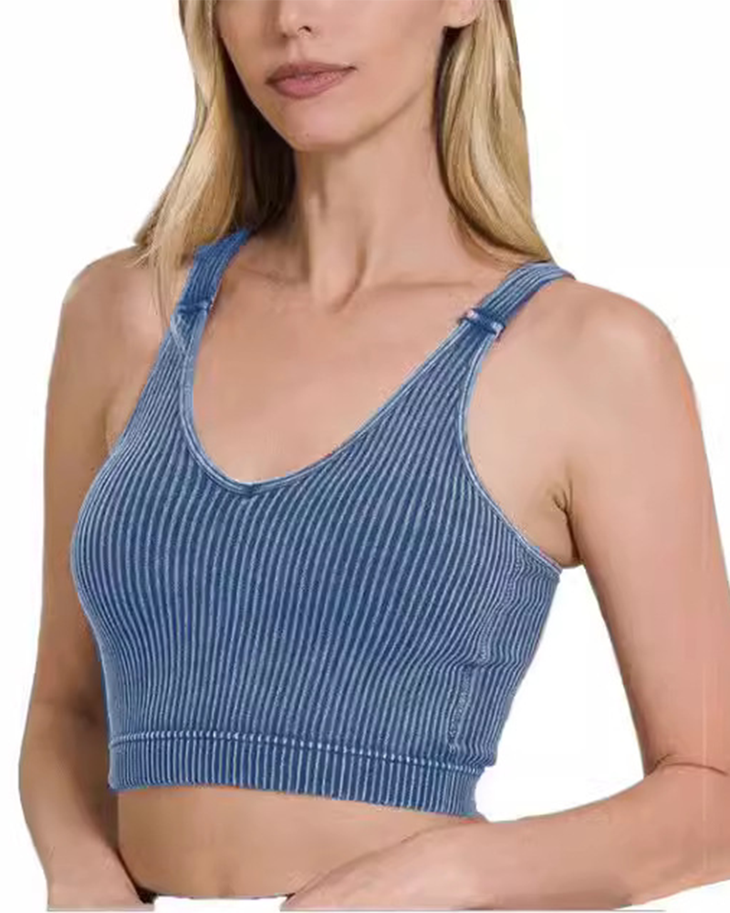 Mineral Wash Ribbed Cropped V-Neck Tank Top