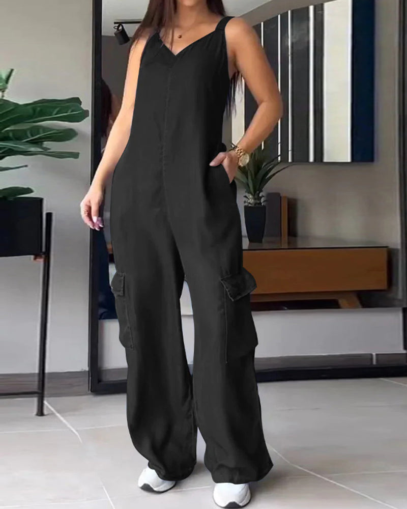 Loose Casual Pocket V-Neck Jumpsuit