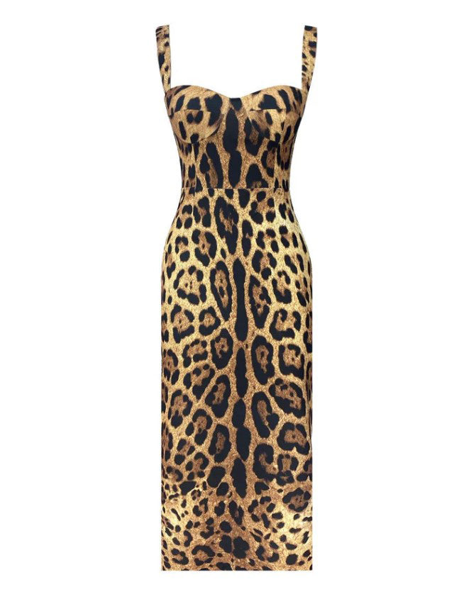 Leopard Print Slit Midi Bodycon Dress