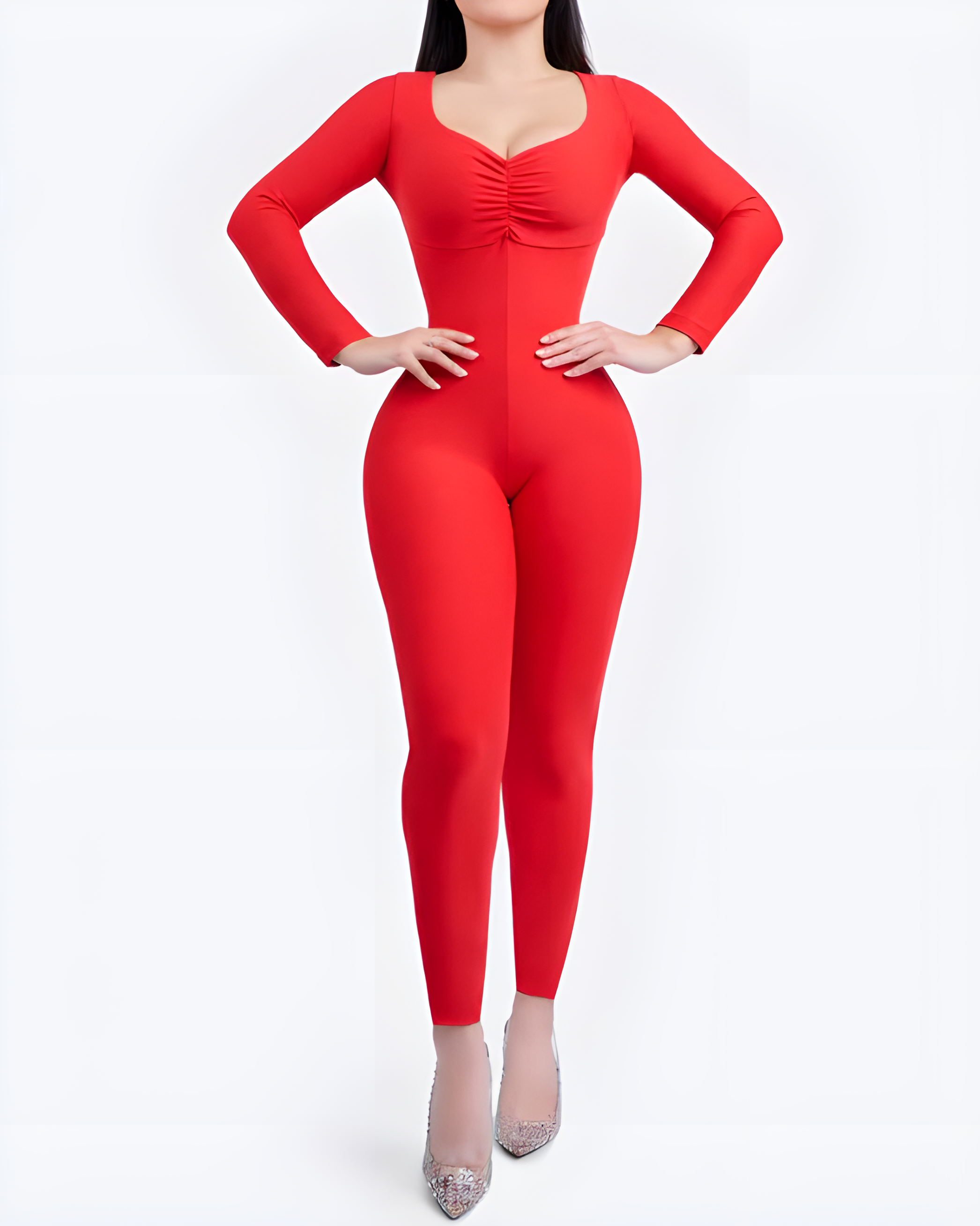 Langärmliger, schmal geschnittener Shapewear-Overall mit Rundhalsausschnitt