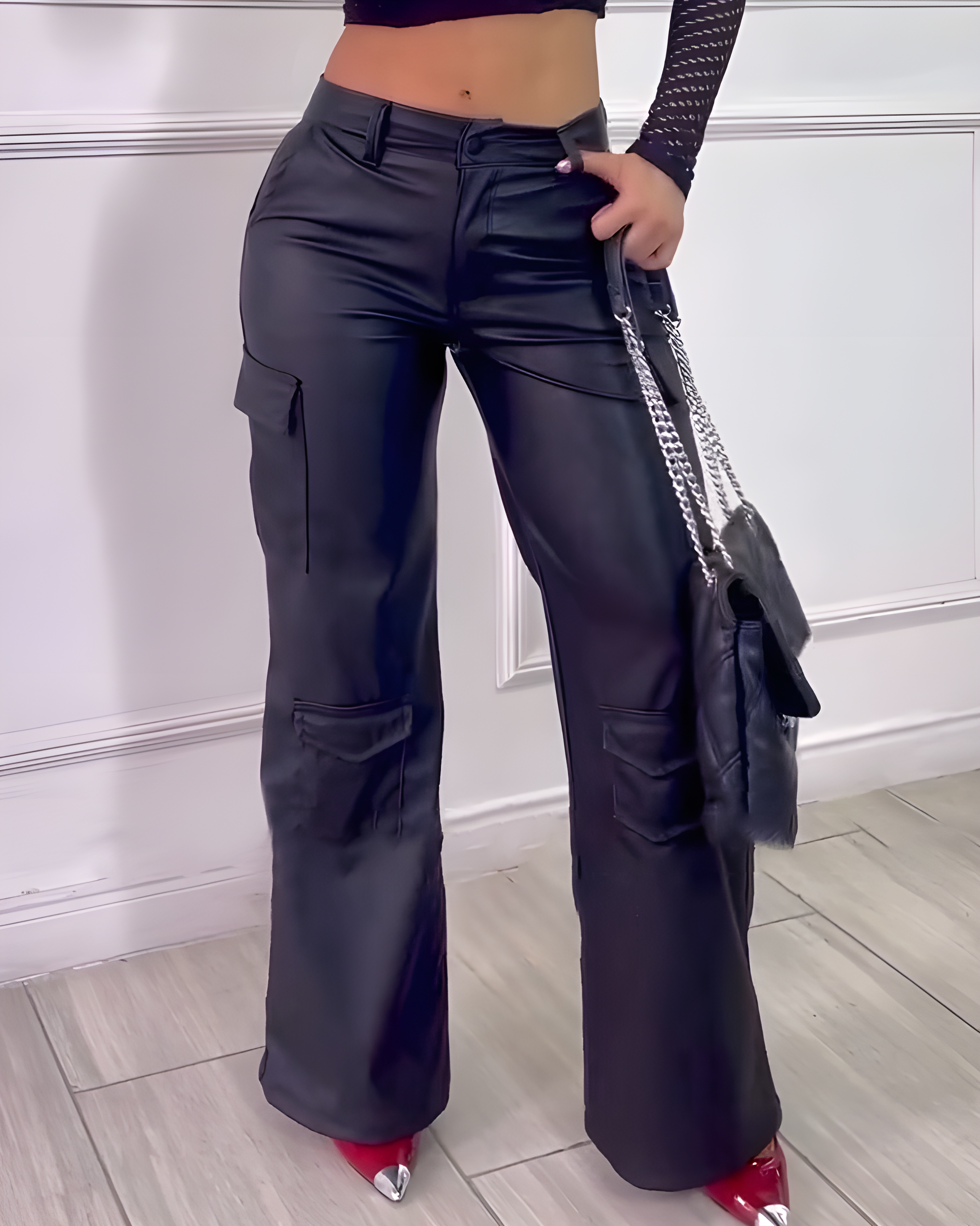 High-Waisted Straight-Leg Leather Cargo Pants