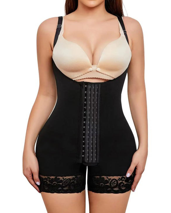 Shapewear-Bodysuit aus Spitze mit 4 Reihen und Haken-/Ösenmuster