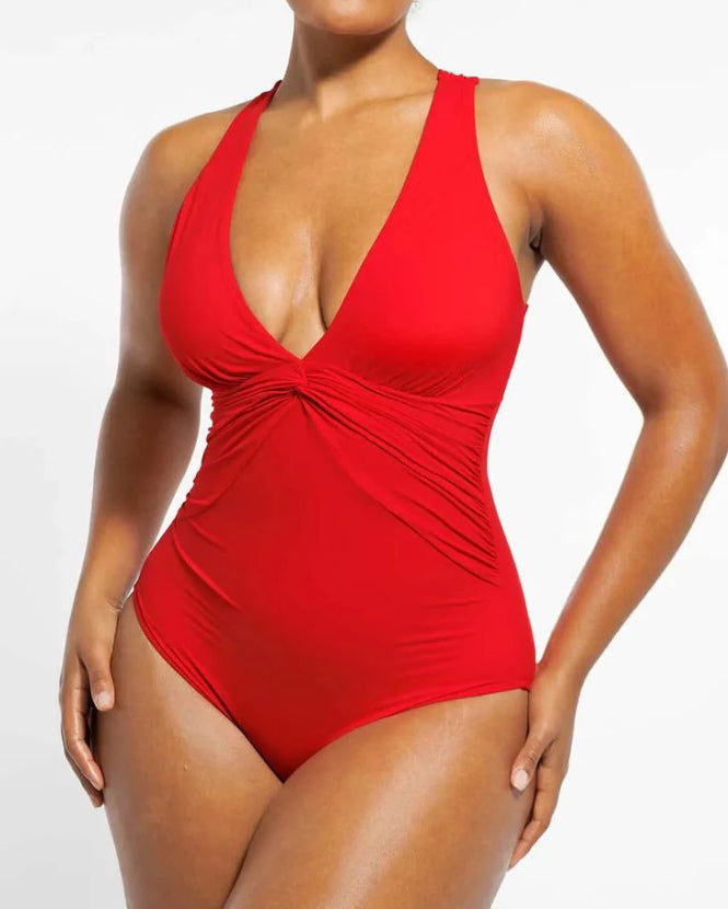 Deep V Neck Ruched Shapewear Thong Bodysuit