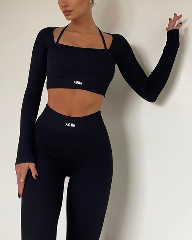 Solid Color Knitted Letter Tight Suits