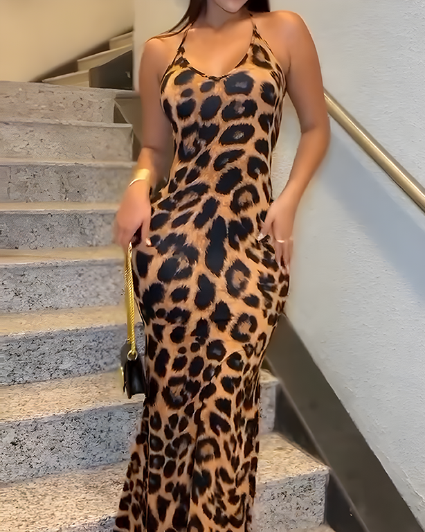 Leopard Print Bodycon Slip Maxi Dress