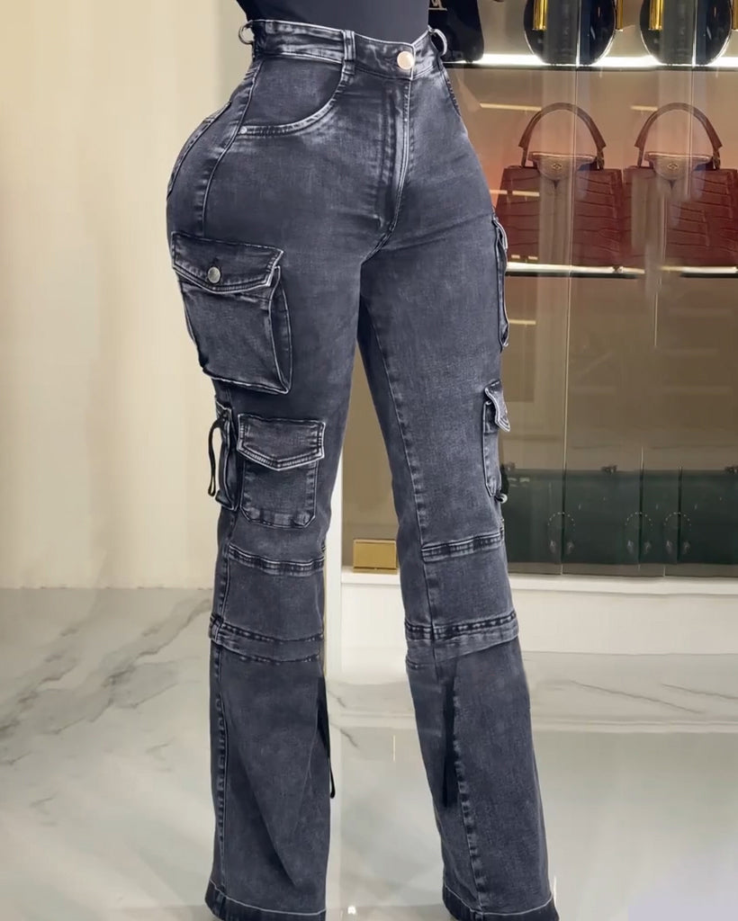 Straight-Leg Hip-Lifting Cargo Jeans with Pockets