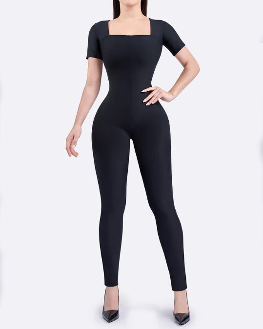 Square Neck Slim Short Sleeve Jumpsuit