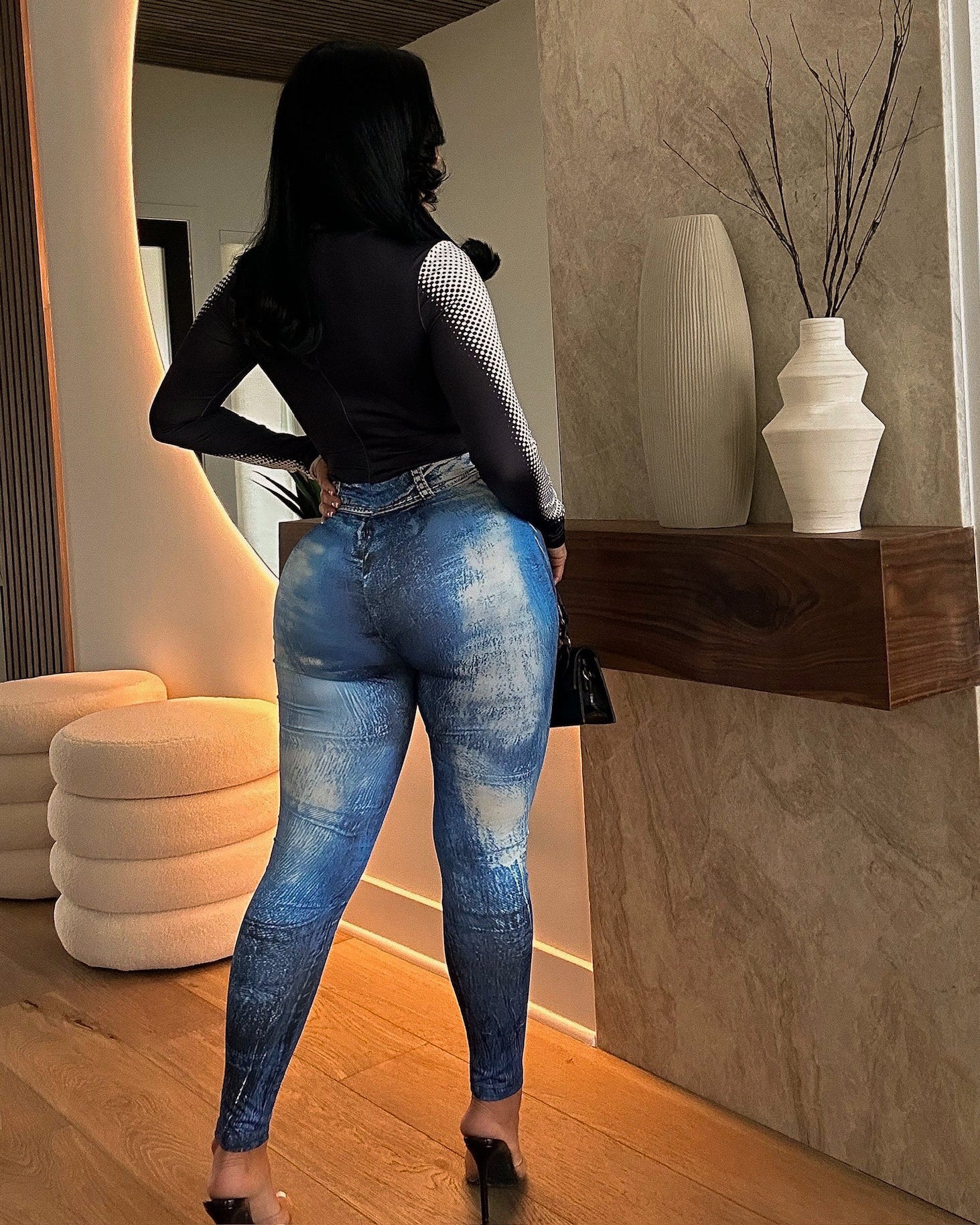 SEXY Body Map Heat Body Morph Print Denim Effect Jumpsuit Outfit