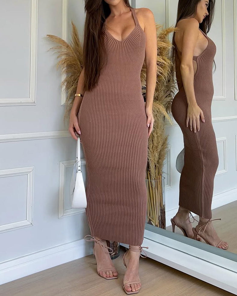 Ribbed Knit Backless Bodycon Dress