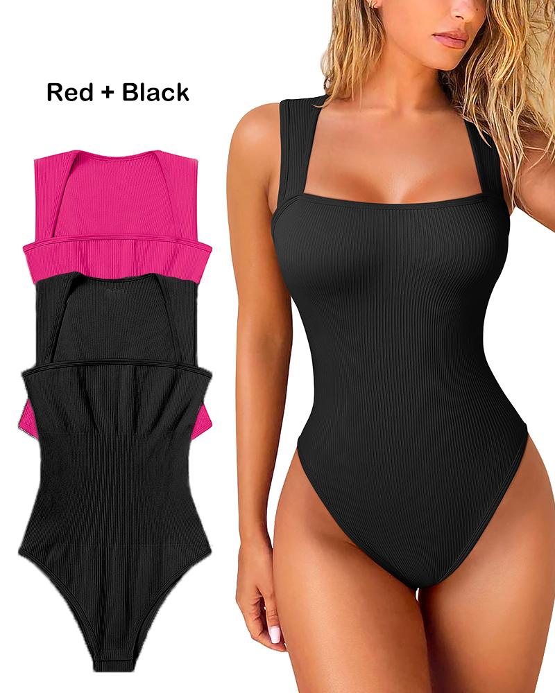 Fashion Sexy Ribbed Strappy Square Neck Sleeveless Bodysuits