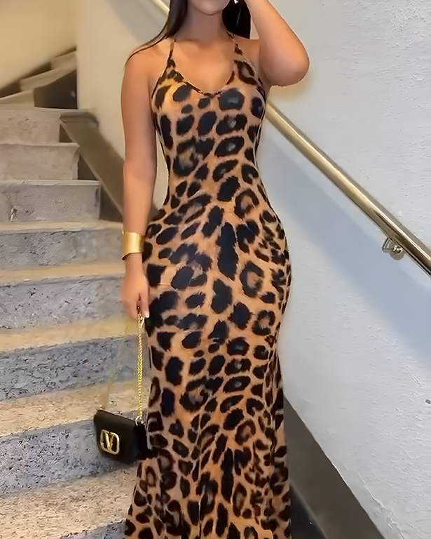 Leopard Print Bodycon Slip Maxi Dress