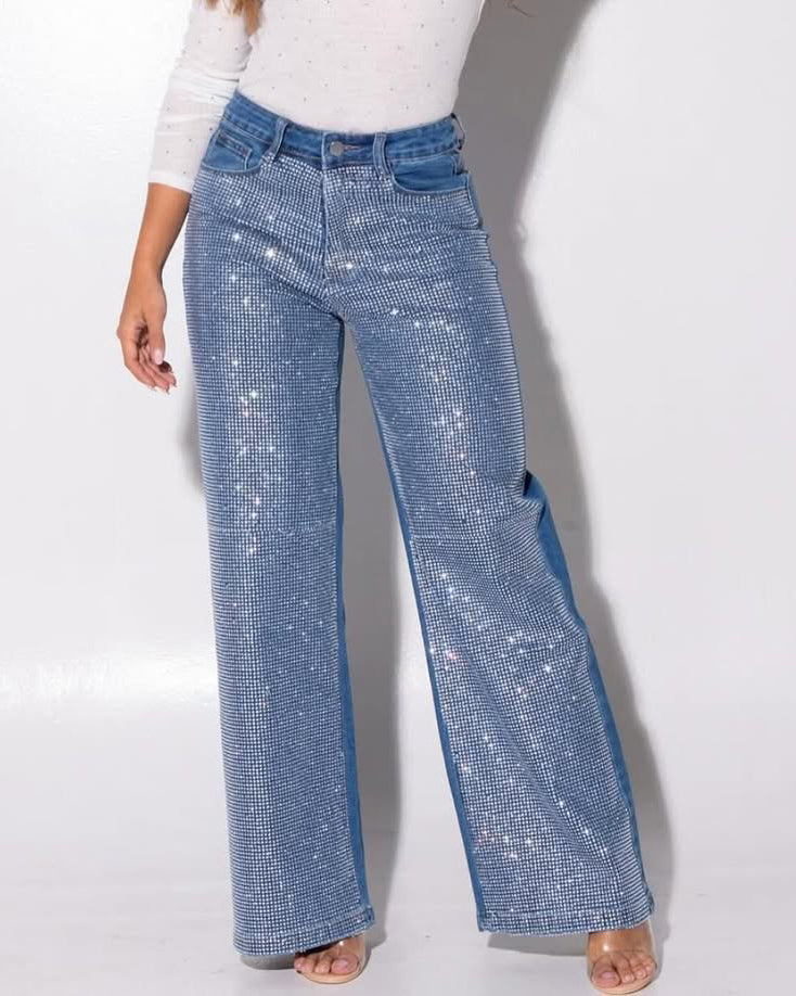 Rhinestone Slim Fit Wide Leg Pants