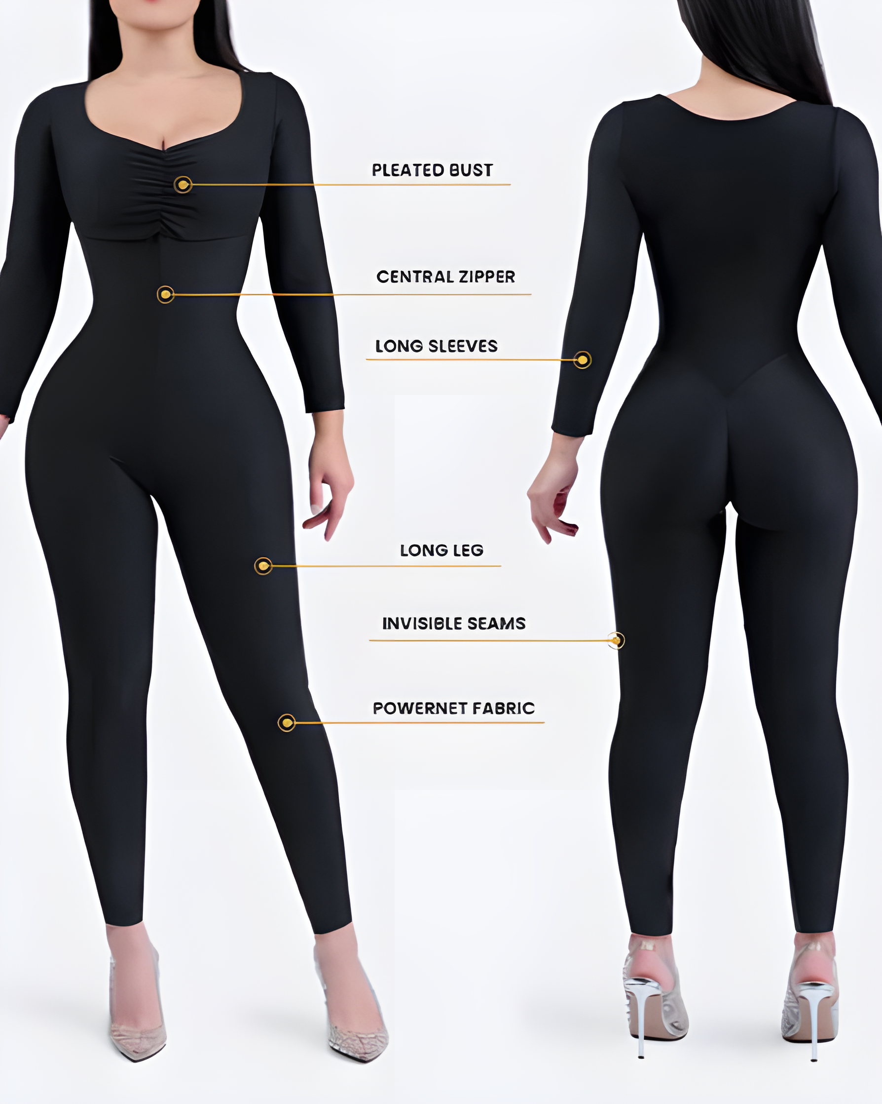 Langärmliger, schmal geschnittener Shapewear-Overall mit Rundhalsausschnitt