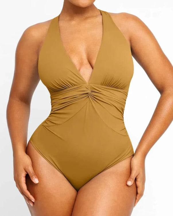 Deep V Neck Ruched Shapewear Thong Bodysuit