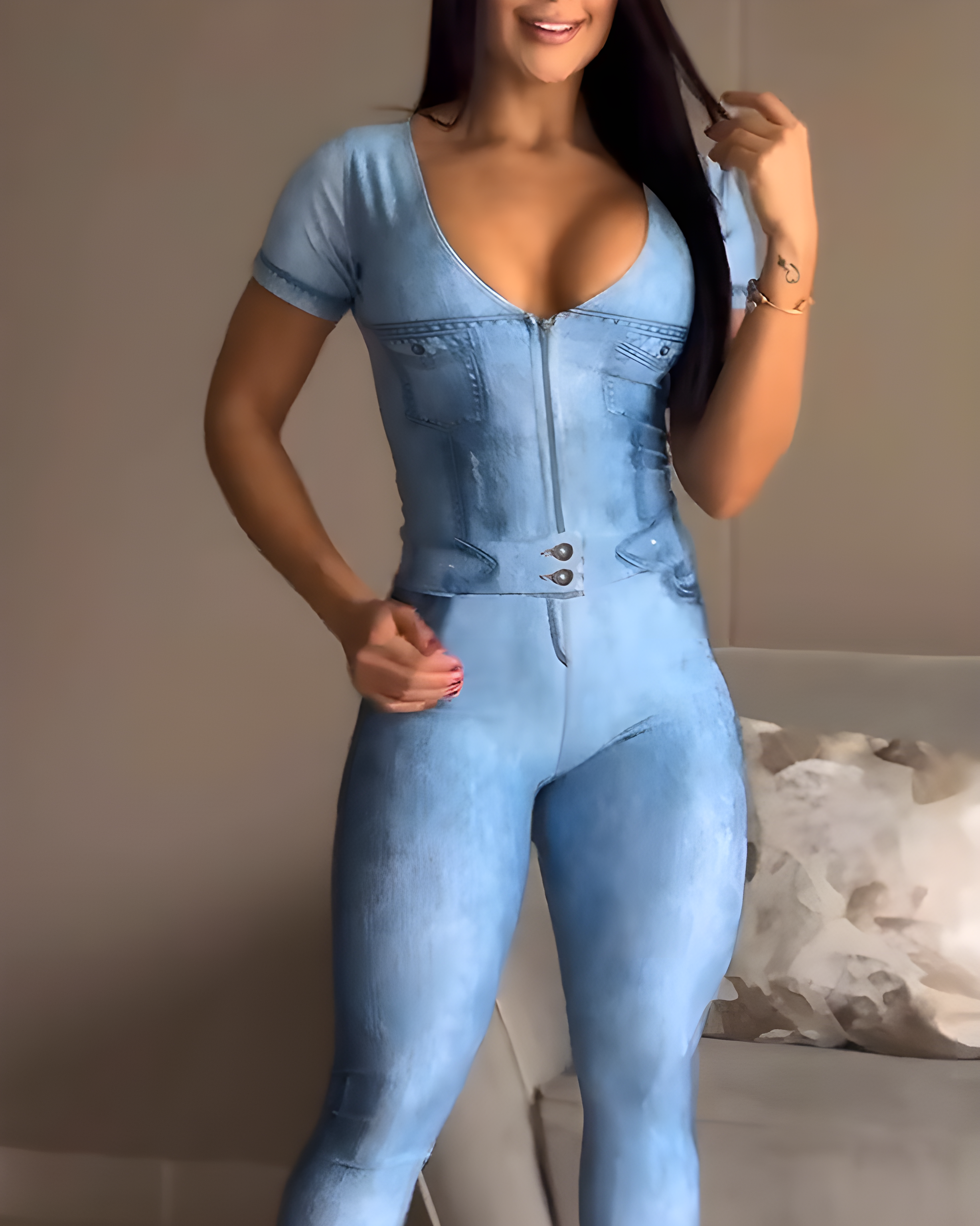 Faux Denim Zip-Front Short Sleeve Jumpsuit