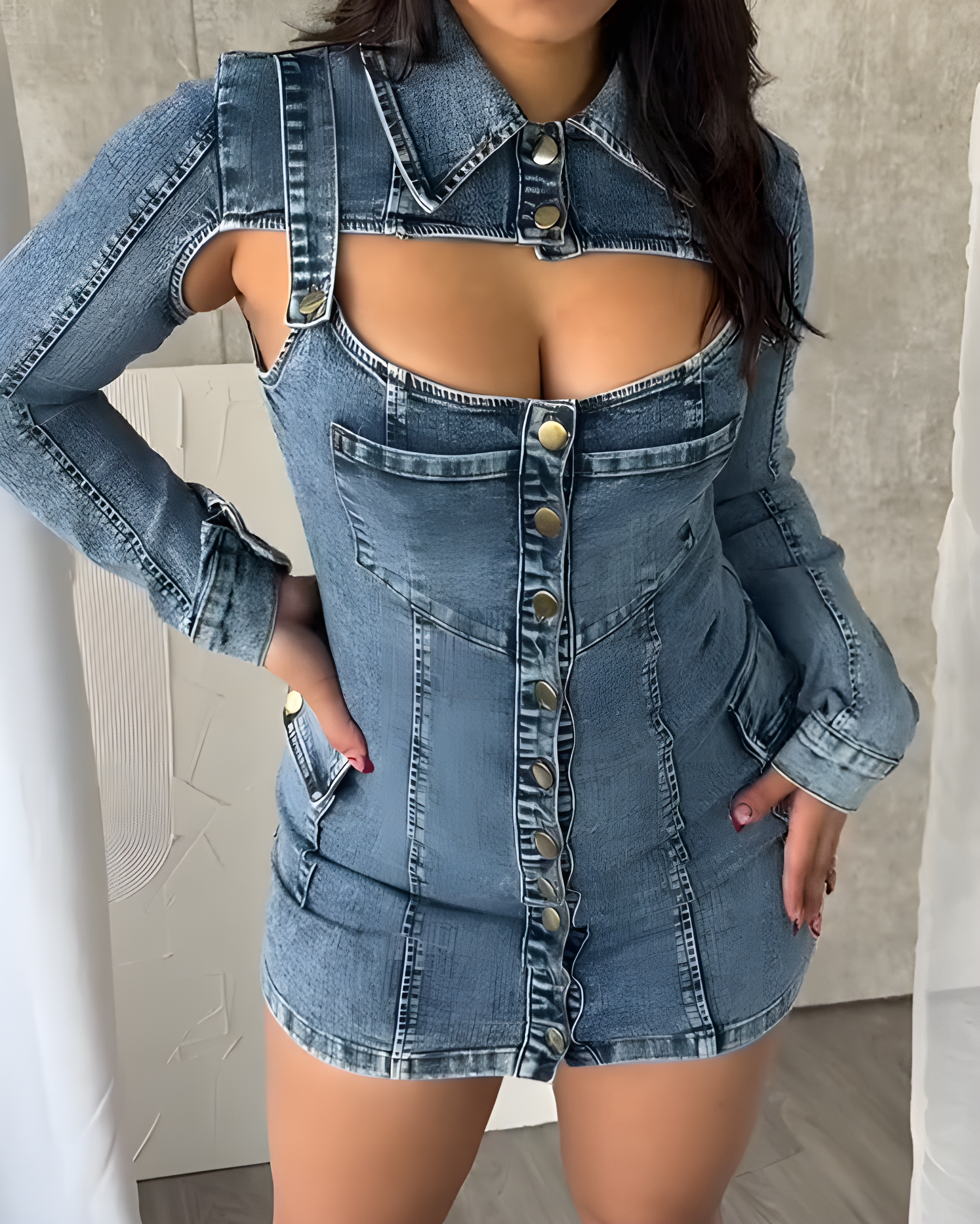 Langärmliges, figurbetontes Minikleid aus Denim