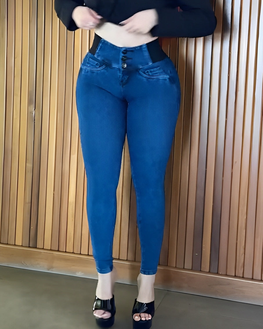 Jeans con control de abdomen y tres filas de botones