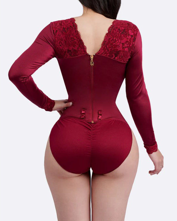 Lace Body Control Long Sleeve Thong Bodysuit