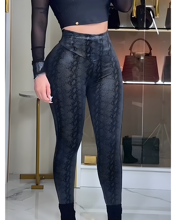 Bedruckte Yogahose aus Kunstleder mit hoher Taille