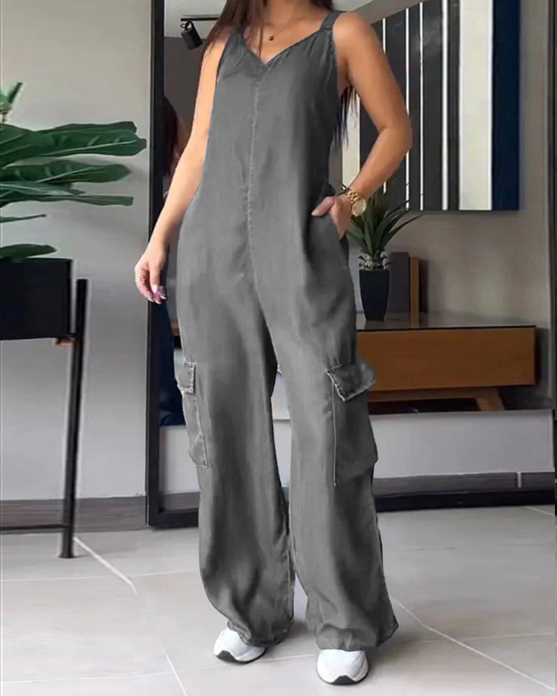 Loose Casual Pocket V-Neck Jumpsuit