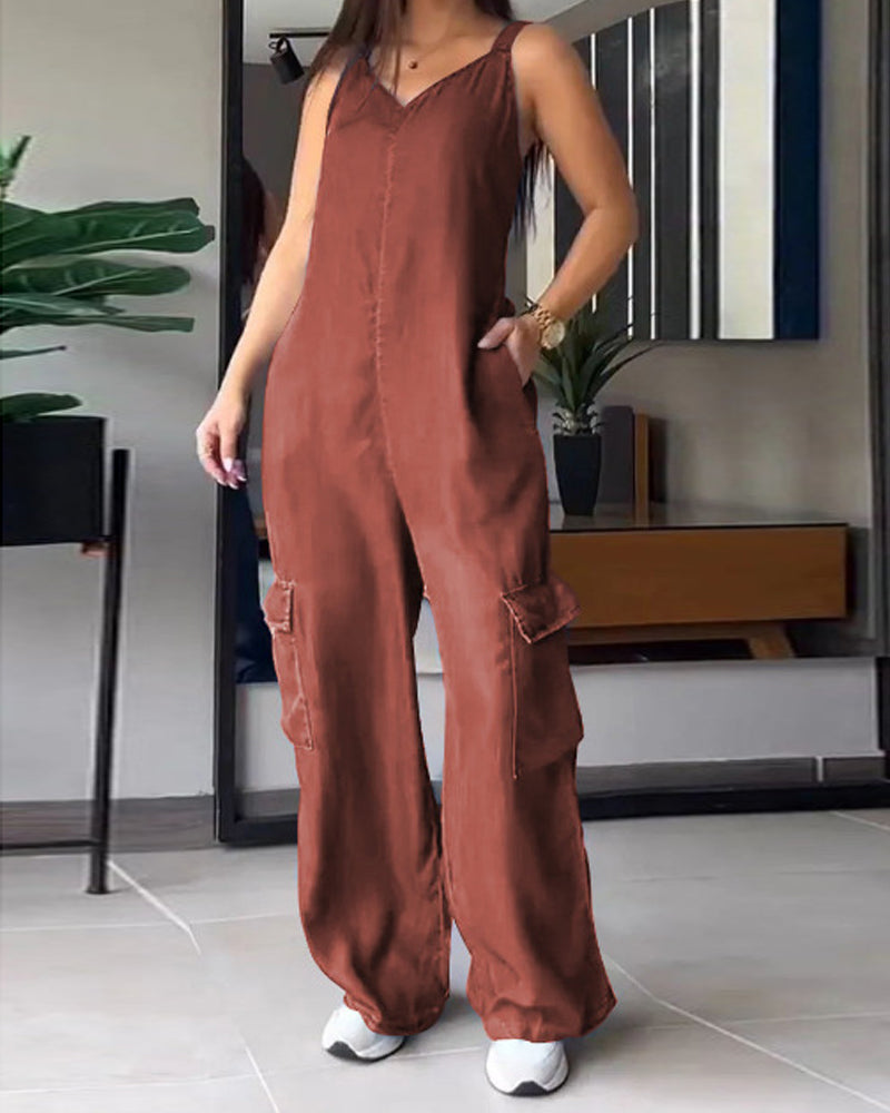 Loose Casual Pocket V-Neck Jumpsuit