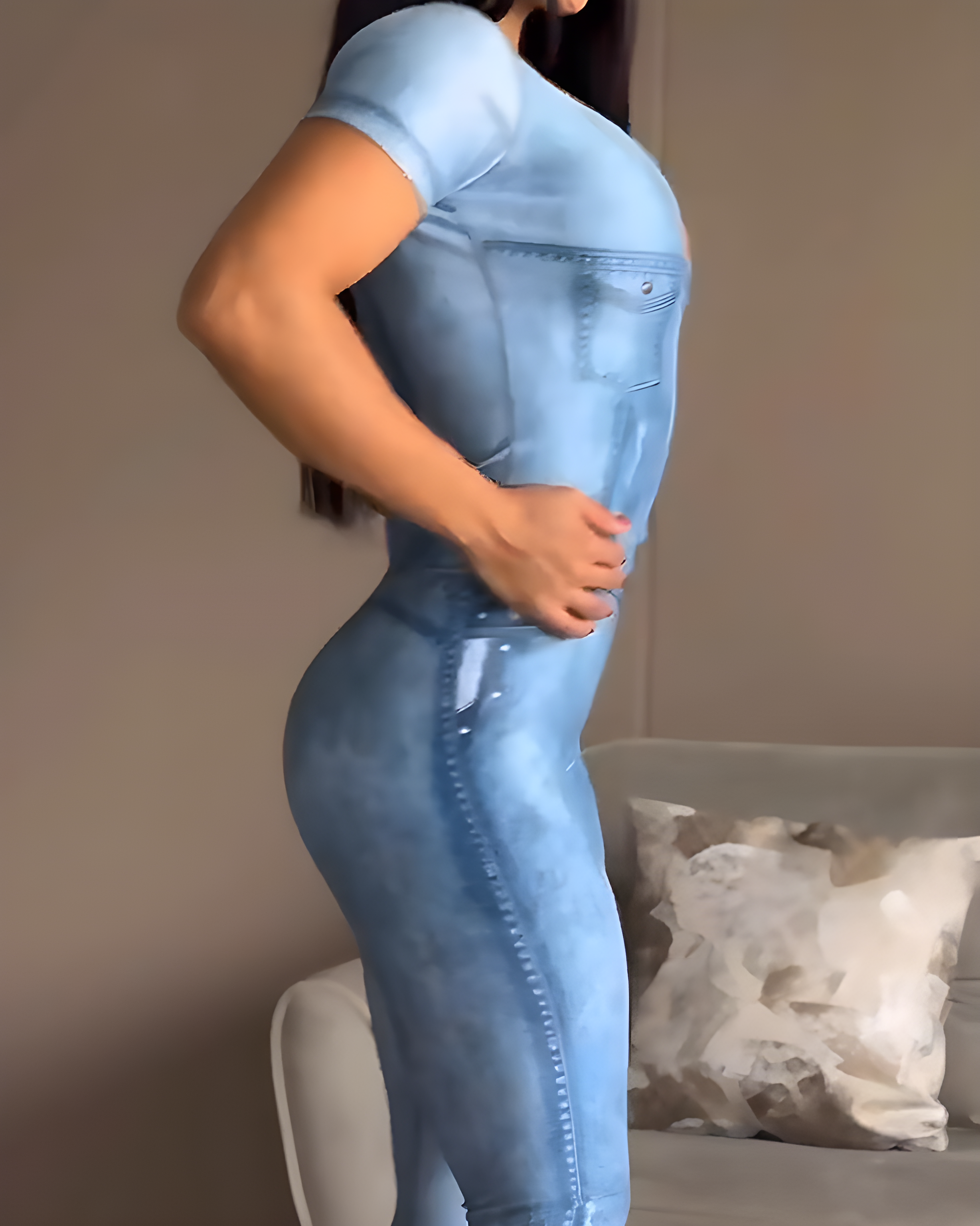 Kurzärmliger Jumpsuit aus Denim-Imitat mit Reißverschluss vorn