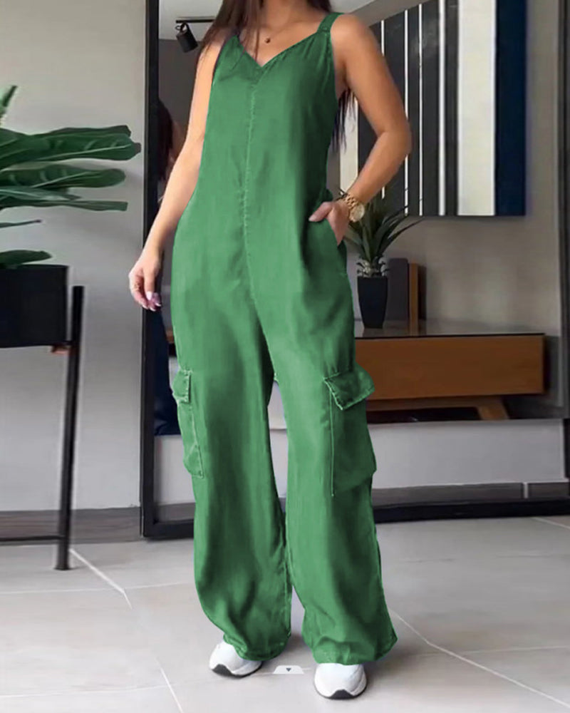 Loose Casual Pocket V-Neck Jumpsuit