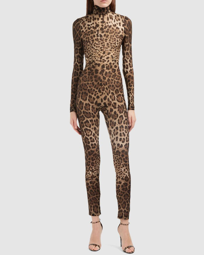 Leopard Print Long Sleeve Jumpsuit