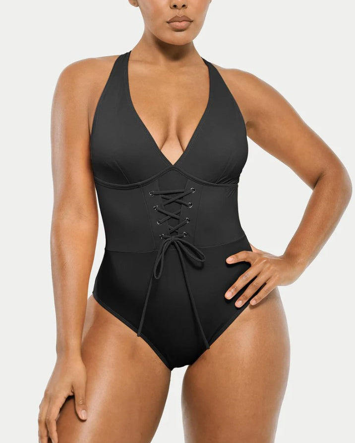 Deep V Neck Tie Front Shapewear Bodysuit