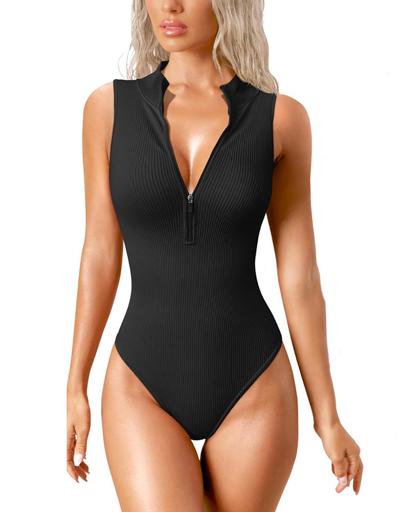 Sexy Ribbed Stretch Sleeveless Front Zipper Bodusuits