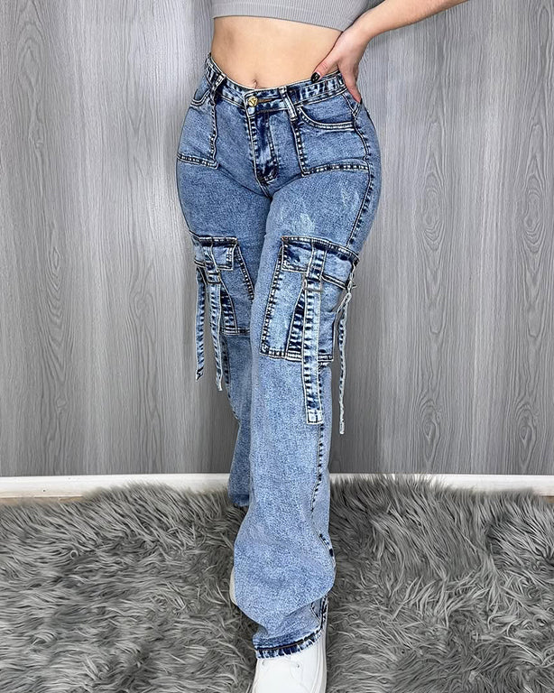 Hip-Lift Straight-Leg Cargo Jeans