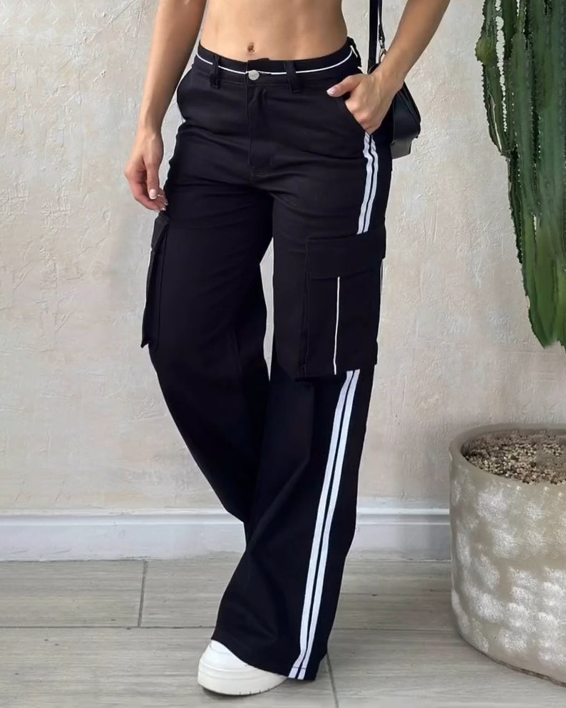 Pantalones cargo casuales con bolsillos y cintura alta