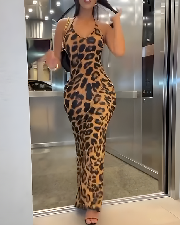 Leopard Print Bodycon Slip Maxi Dress