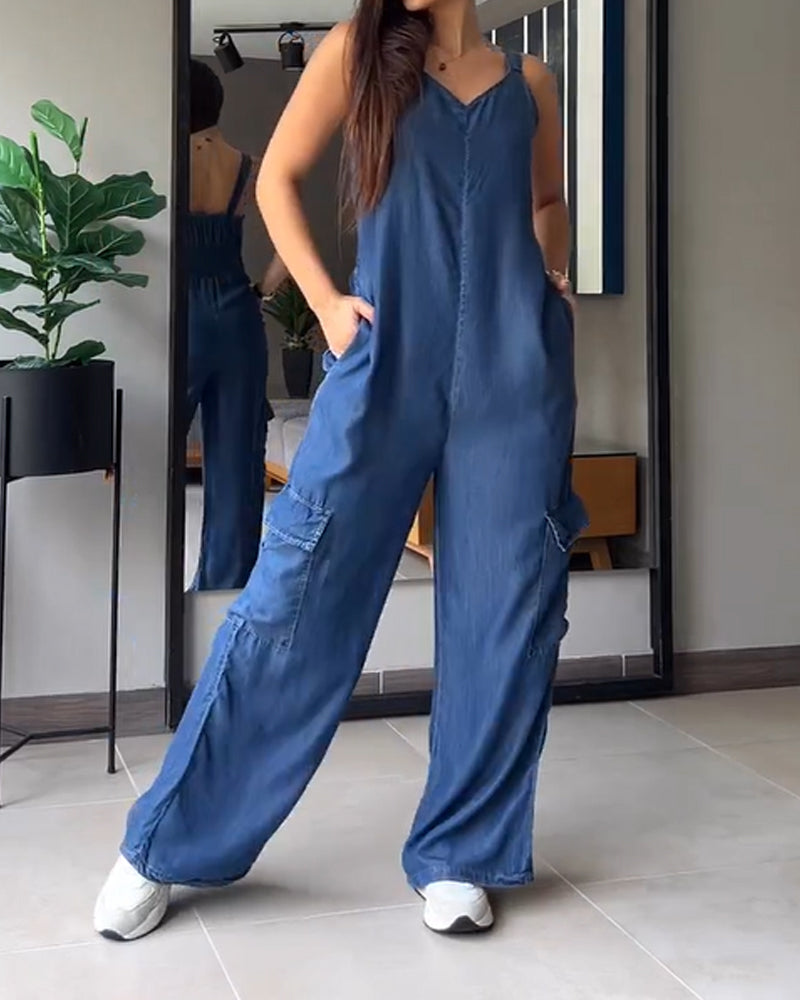 Loose Casual Pocket V-Neck Jumpsuit