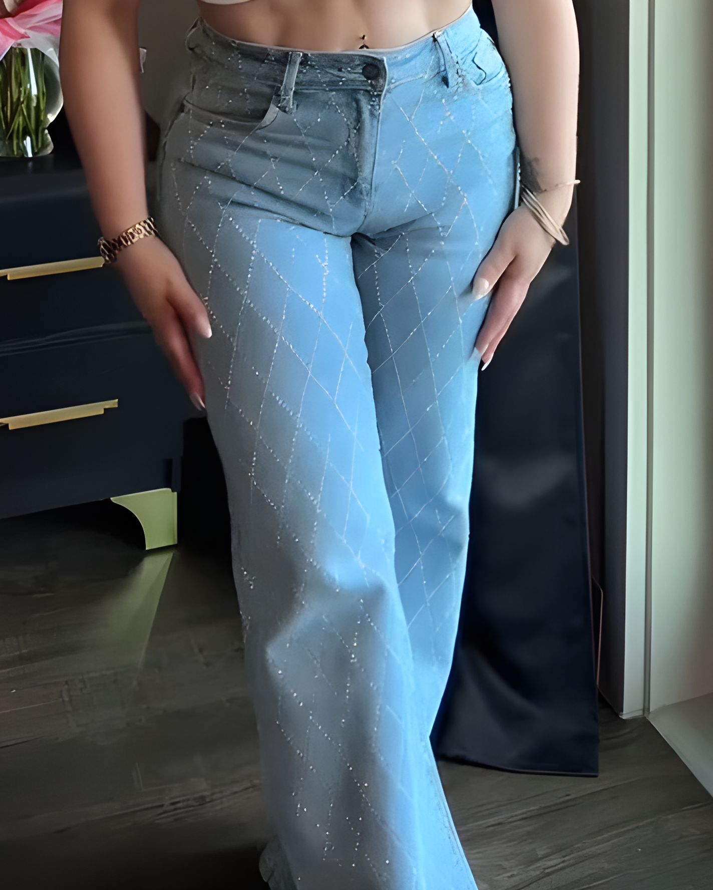 Rhinestone Diamond-Pattern Jeans