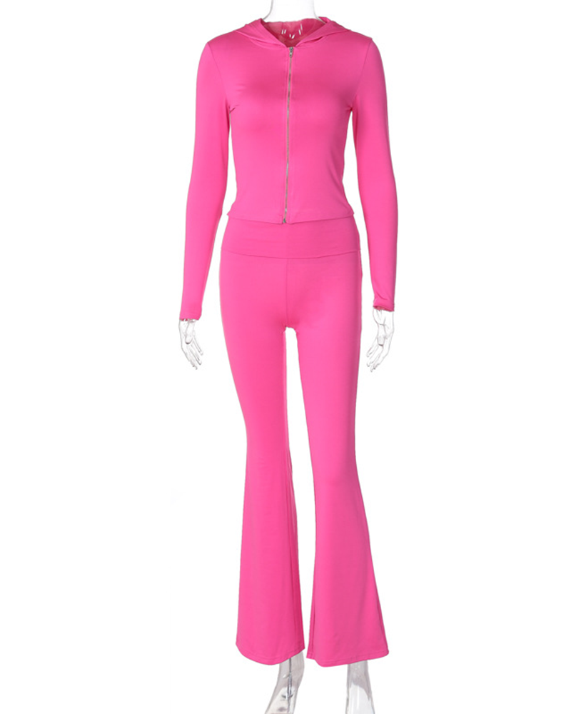Fashion Zipper Long Sleeve Hoodie Flared Pants Casual Suit